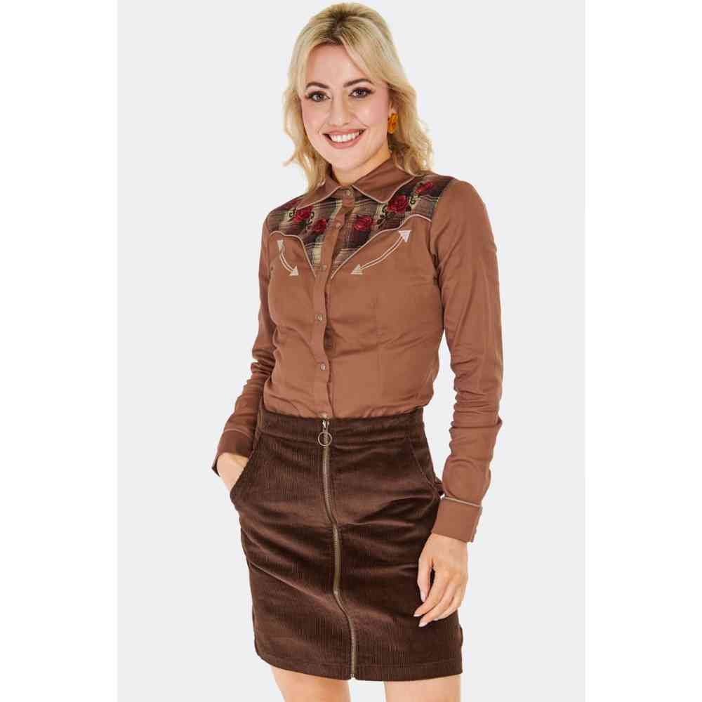 Voodoo Vixen - Western Style Plaid Panel Chemisier - Marron